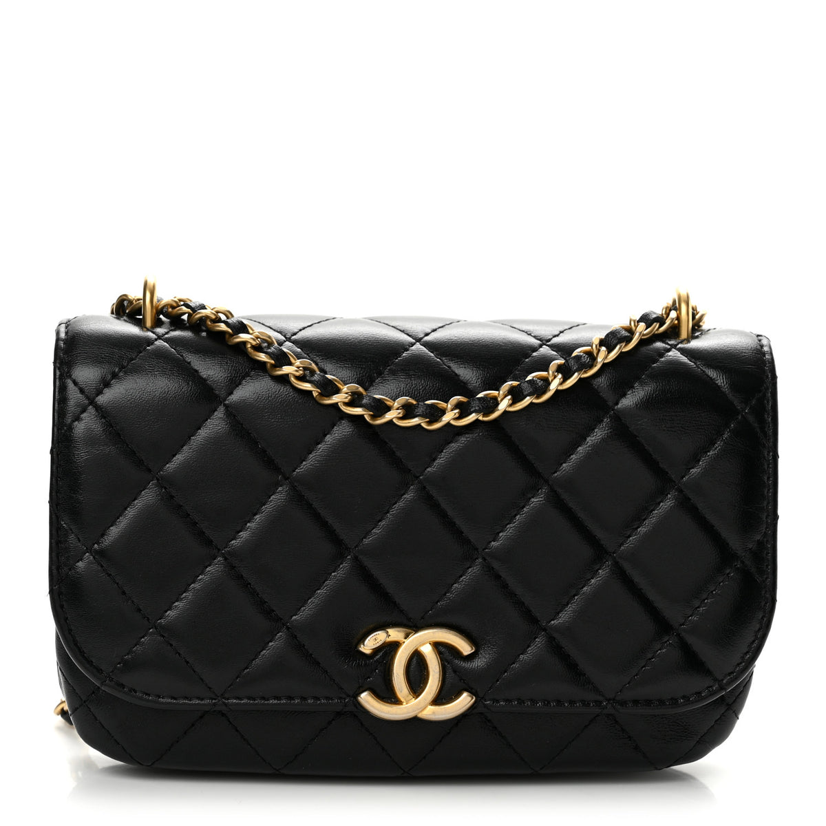 Shiny Lambskin Quilted Flap Phone Holder With Chain Black