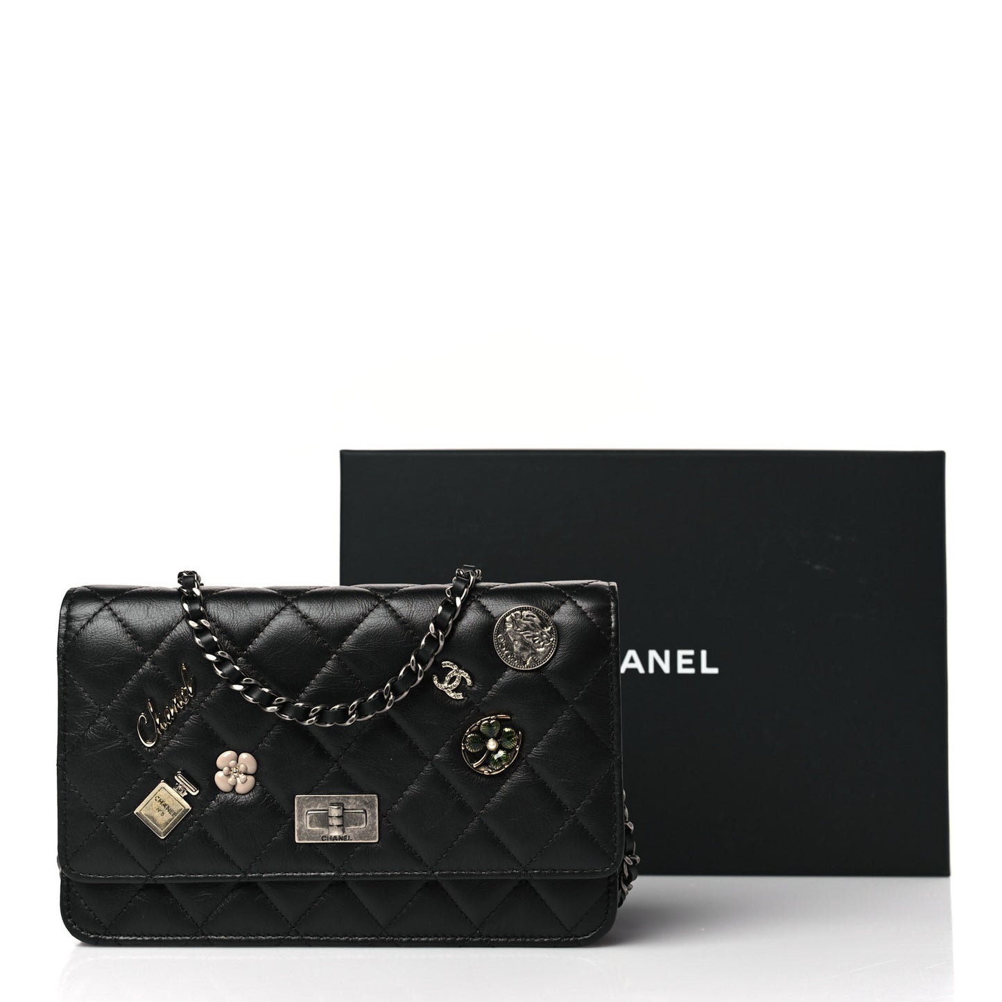 Aged Calfskin Quilted Lucky Charms 2.55 Reissue Wallet On Chain WOC Black