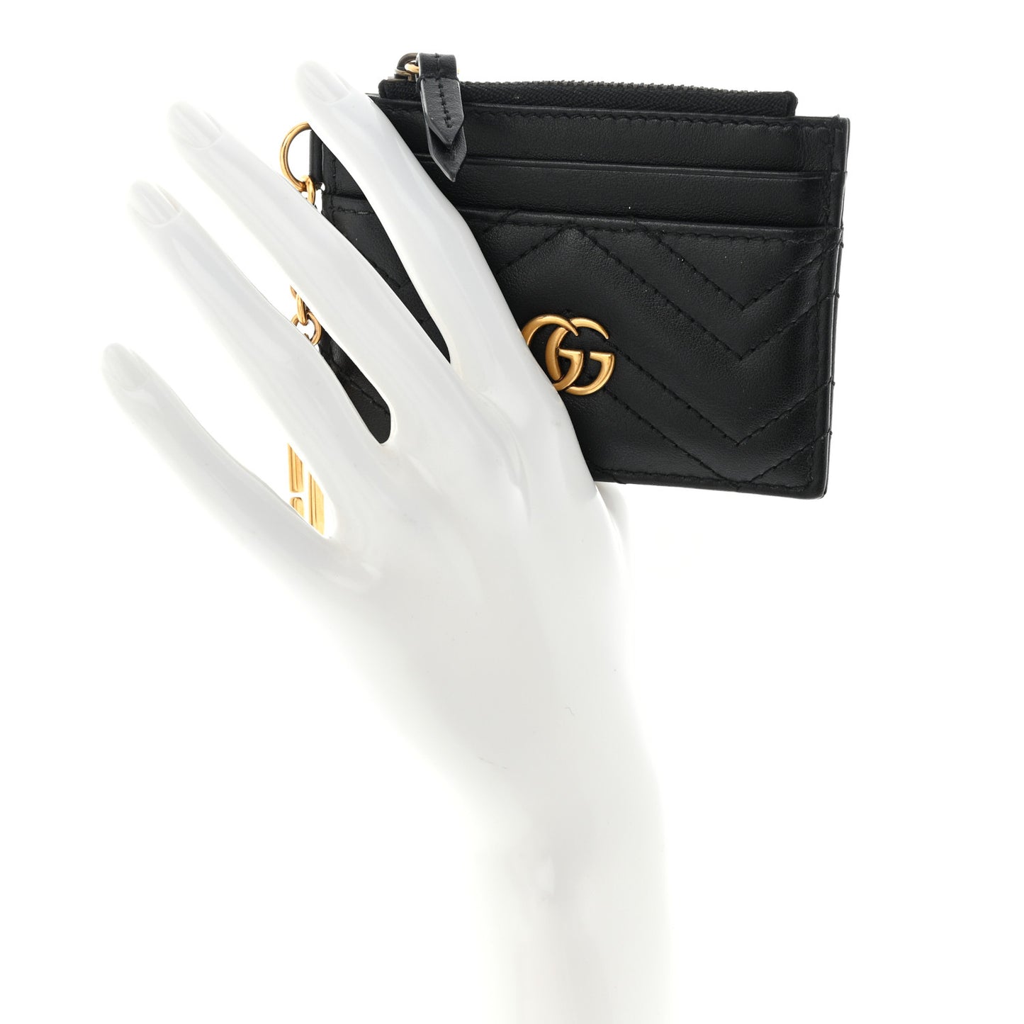 Calfskin Matelasse Chevron GG Marmont Key Case Card Holder Black