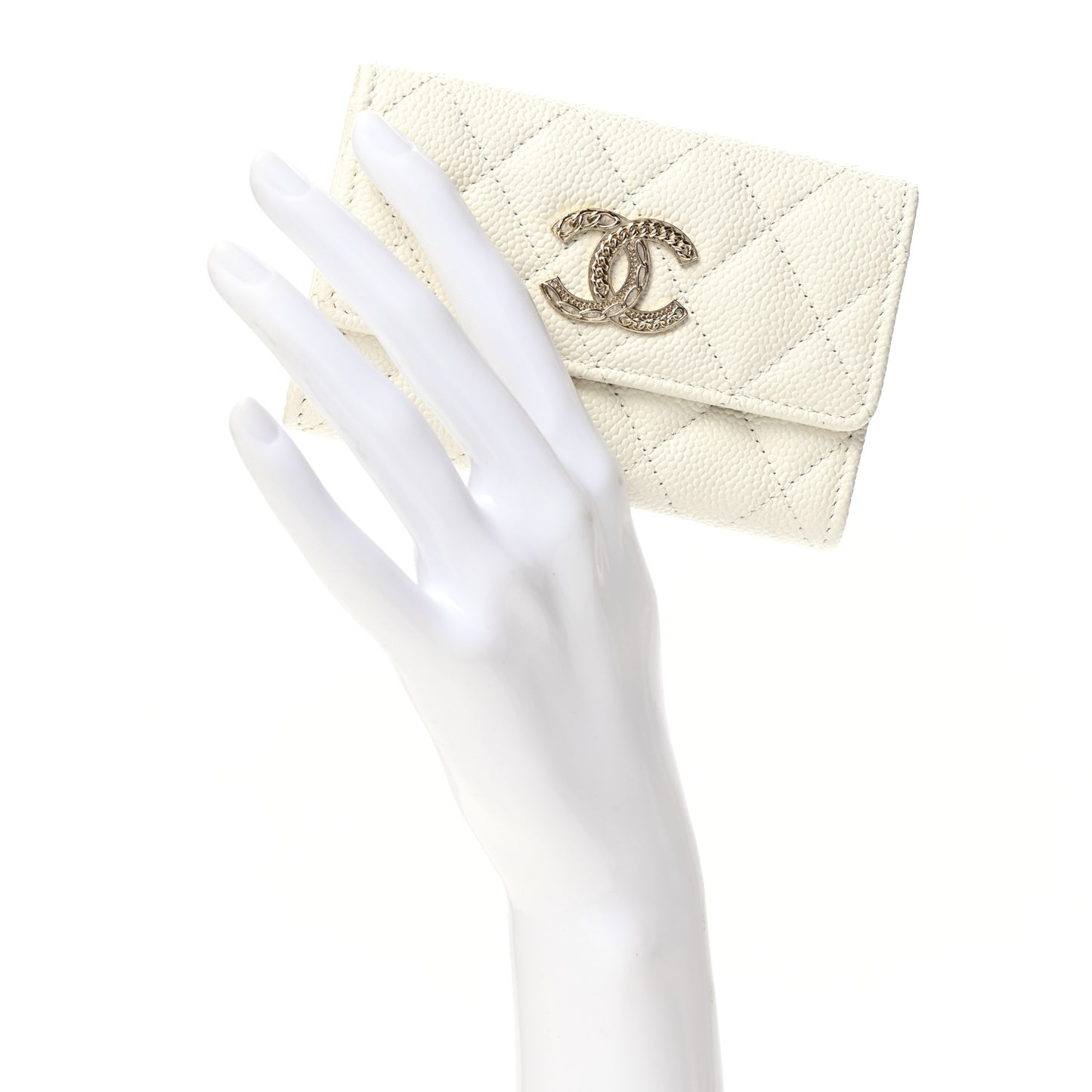 Caviar Quilted Chain CC Flap Card Holder White