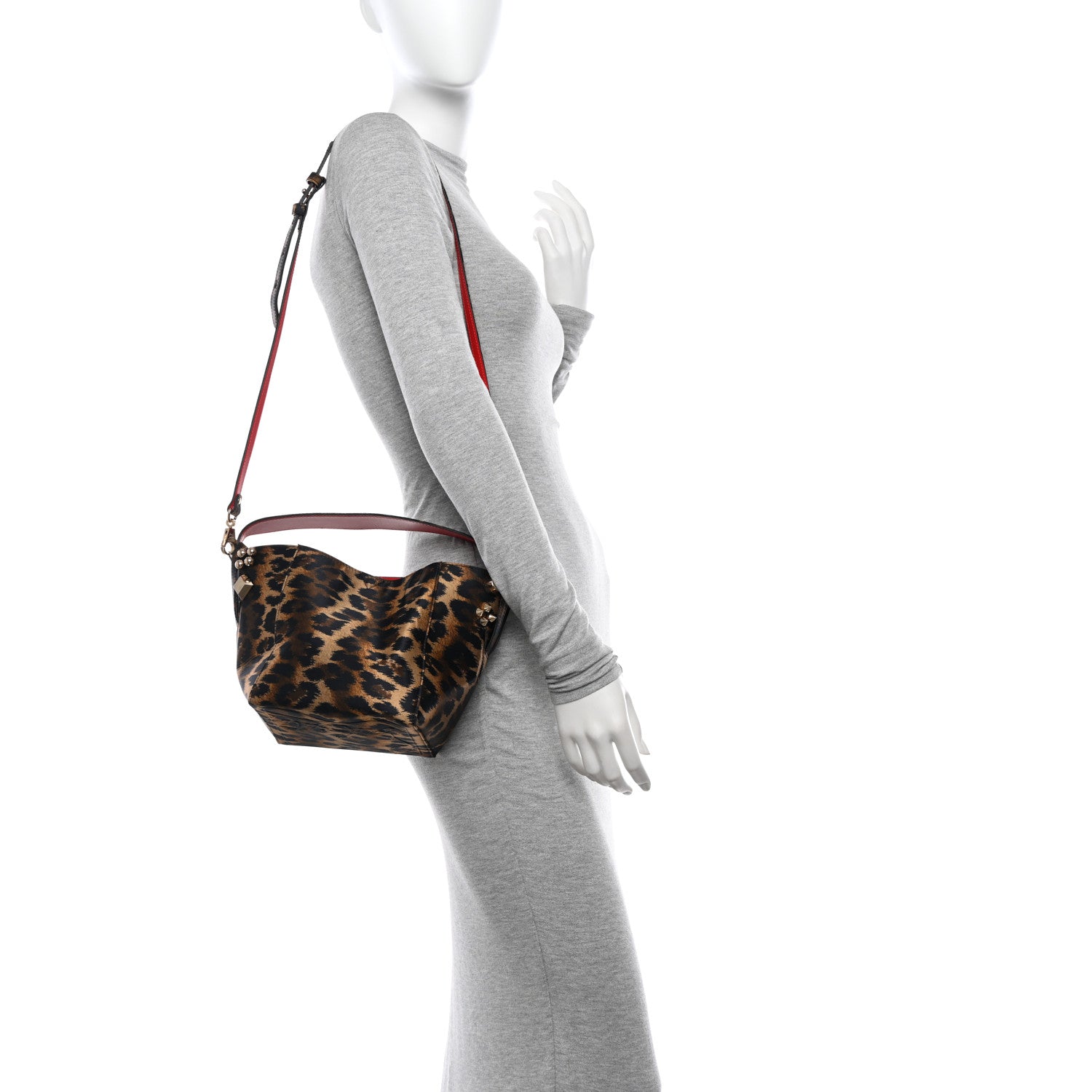 Christian Louboutin Crepe Satin Leopard Print Empire Spike Studded Mini Cabachic Bucket Bag Brown 2 of 10