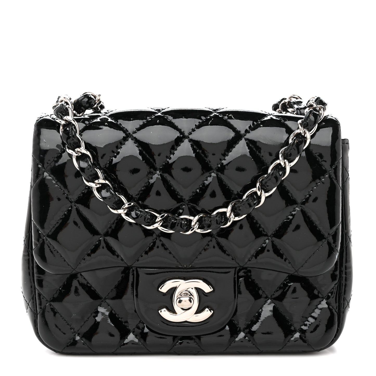 Patent Calfskin Quilted Mini Square Flap Black