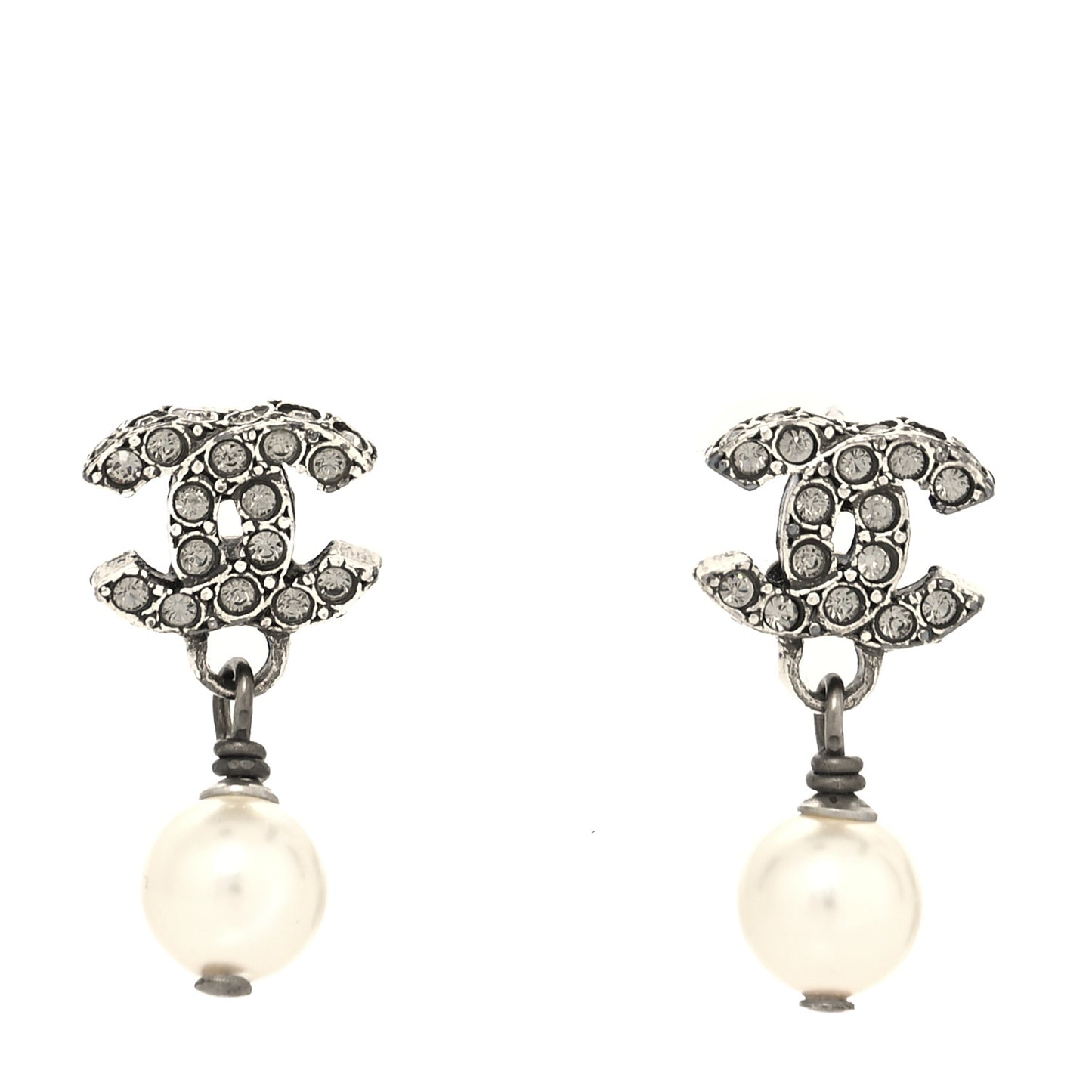 Crystal Pearl CC Drop Earrings Silver