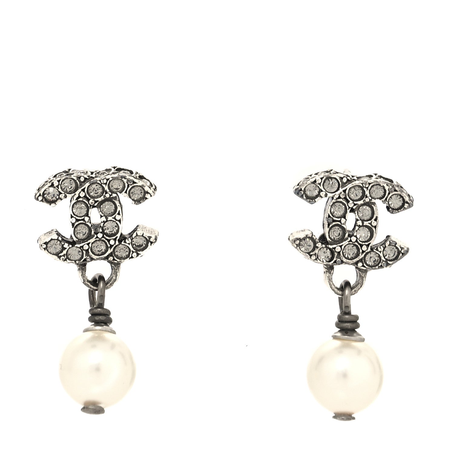 Chanel Crystal Pearl CC Drop Earrings Silver 1 of 4