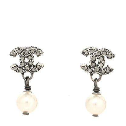 Chanel Crystal Pearl CC Drop Earrings Silver 1 of 4