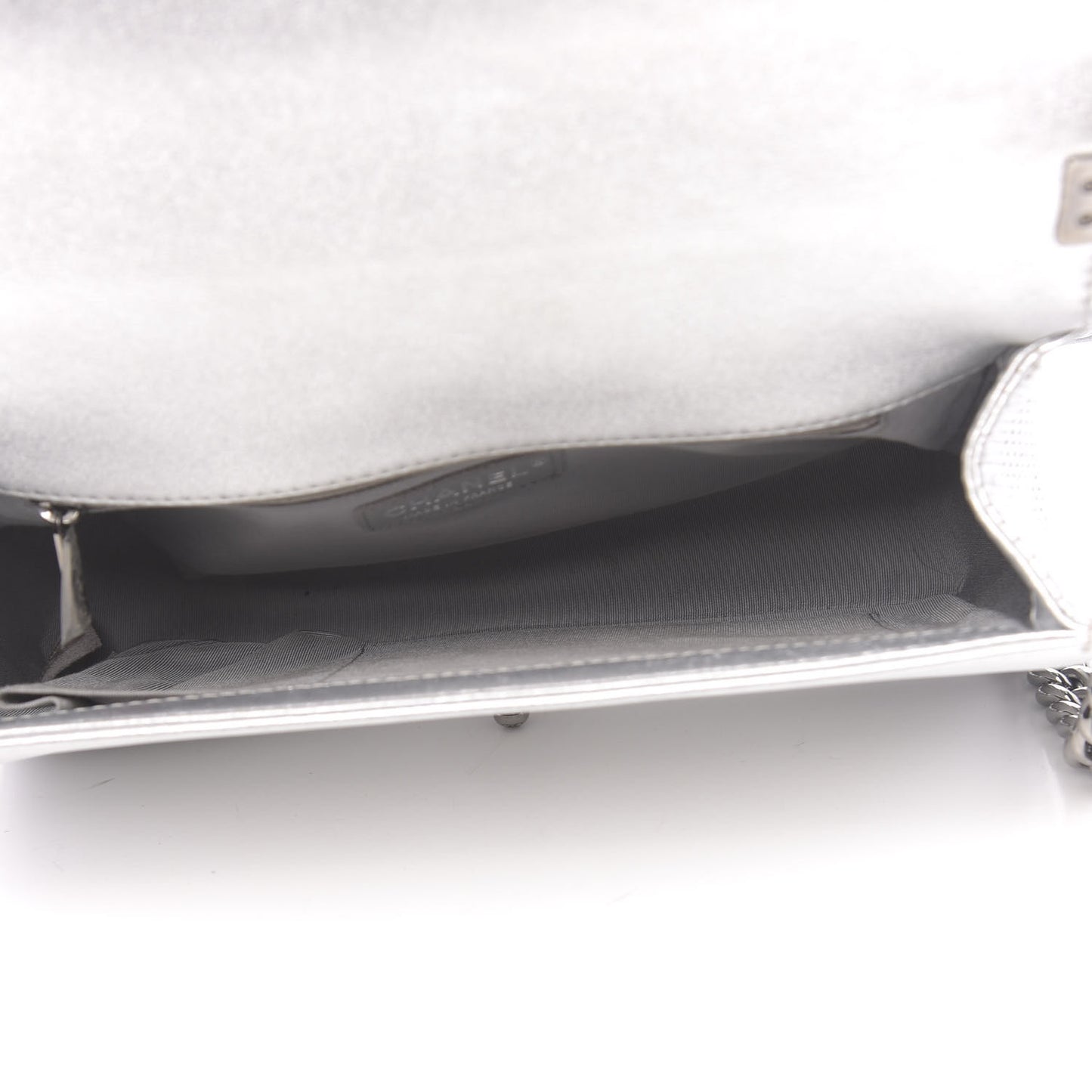 Metallic Lambskin Perforated New Medium Boy Flap Silver