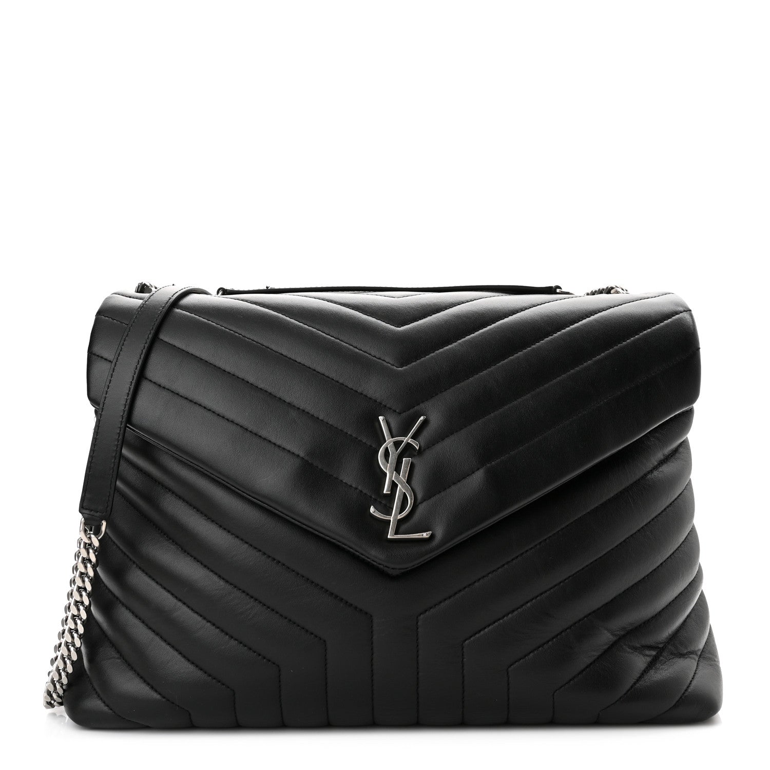 product image of SAINT LAURENT Calfskin Y Quilted Monogram Large Loulou Chain Satchel Black FASHIONPHILE