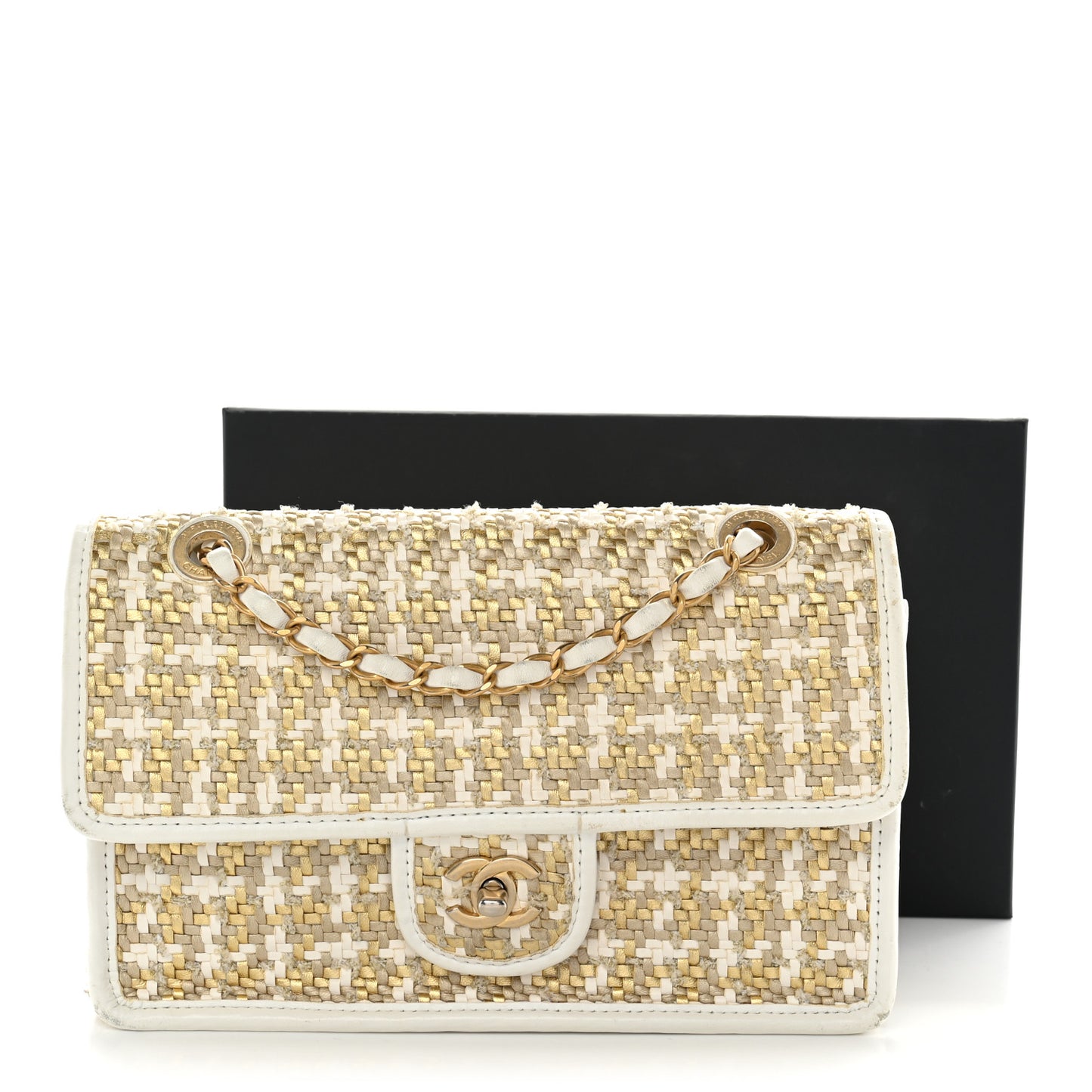 Metallic Lambskin Viscose Woven Flap Gold White