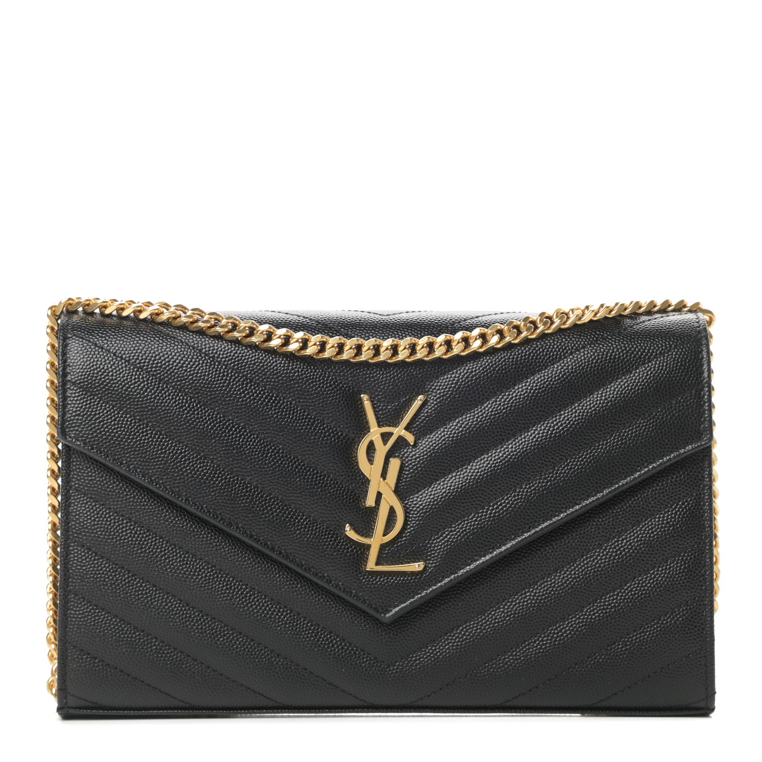 Saint Laurent Grain De Poudre Matelasse Chevron Monogram Chain Wallet Black 1 of 11