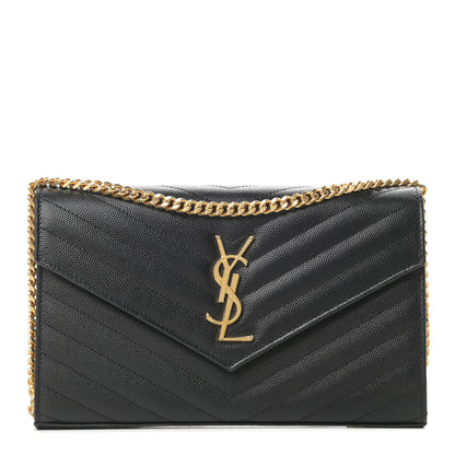 Saint Laurent Grain De Poudre Matelasse Chevron Monogram Chain Wallet Black 1 of 11