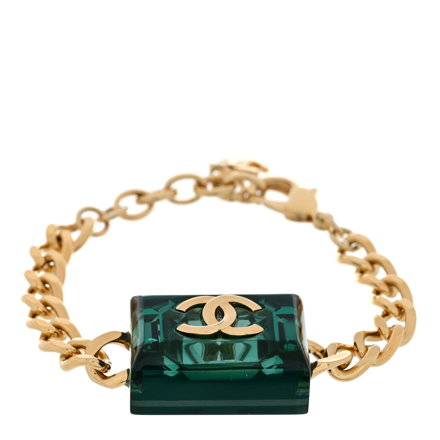Chanel Mirror Resin CC Chain Link Bracelet Green Gold 1 of 3