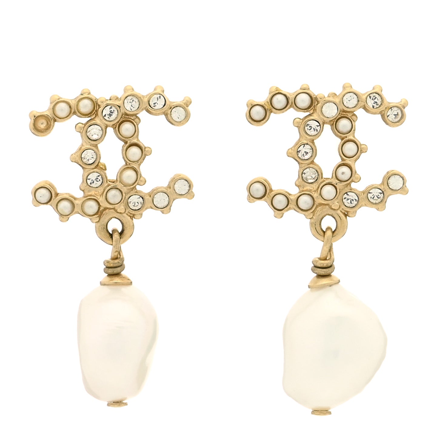 Pearl Crystal CC Drop Earrings Gold