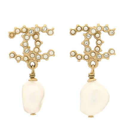 Chanel Pearl Crystal CC Drop Earrings Gold 1 of 3