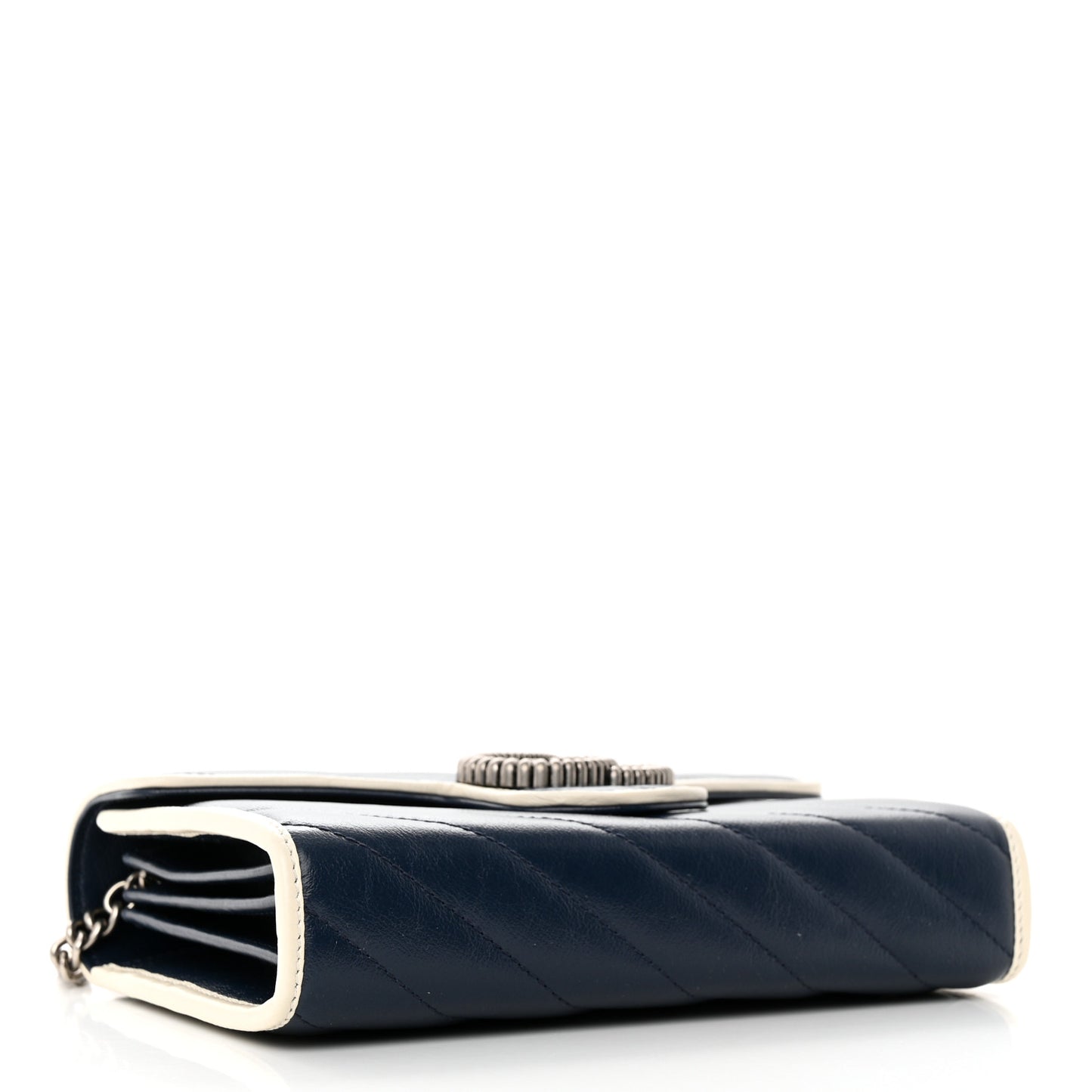 Vintage Effect Calfskin Matelasse Diagonal Torchon GG Marmont Chain Wallet Blue Agata Mystic White