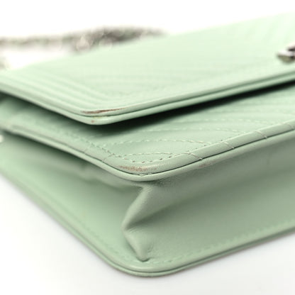 Chanel Lambskin Chevron Quilted Boy Wallet On Chain WOC Light Green 10 of 14