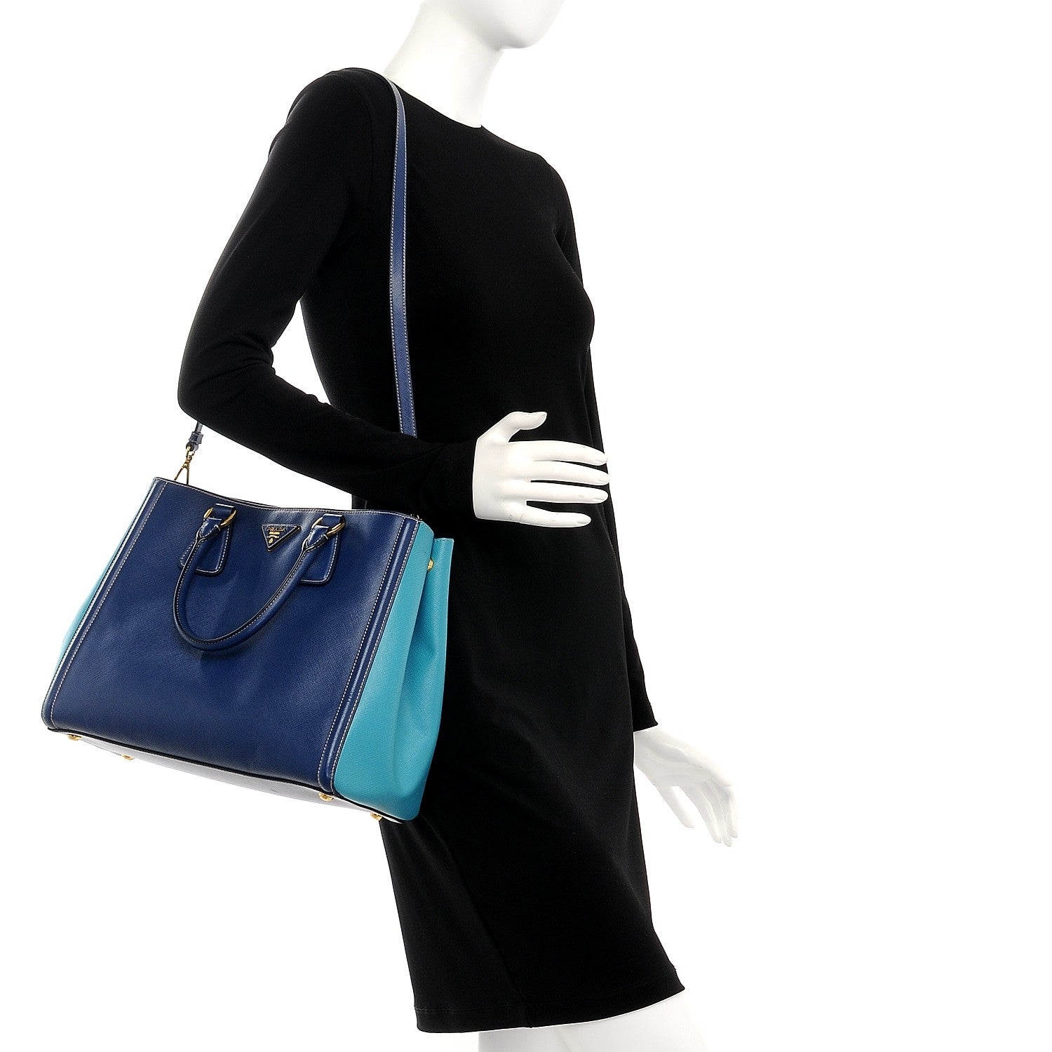 Prada Saffiano Lux Medium Bi-Color Tote Bluette Turchese 2 of 11