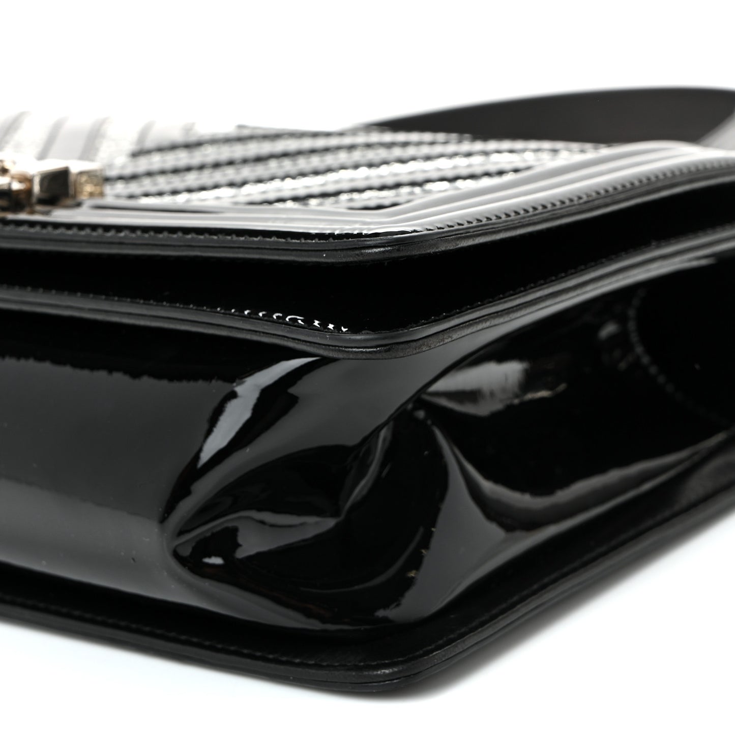 Patent Glitter PVC Chevron Quilted Medium Boy Flap Black Silver