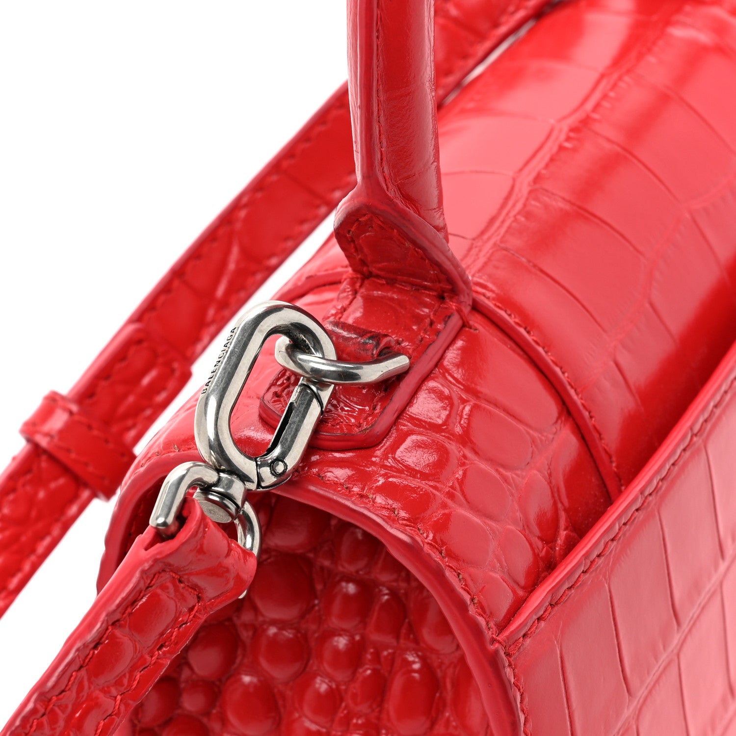 Balenciaga Shiny Calfskin Tonal B Crocodile Embossed Hourglass Top Handle Bag XS Bright Red 16 of 18