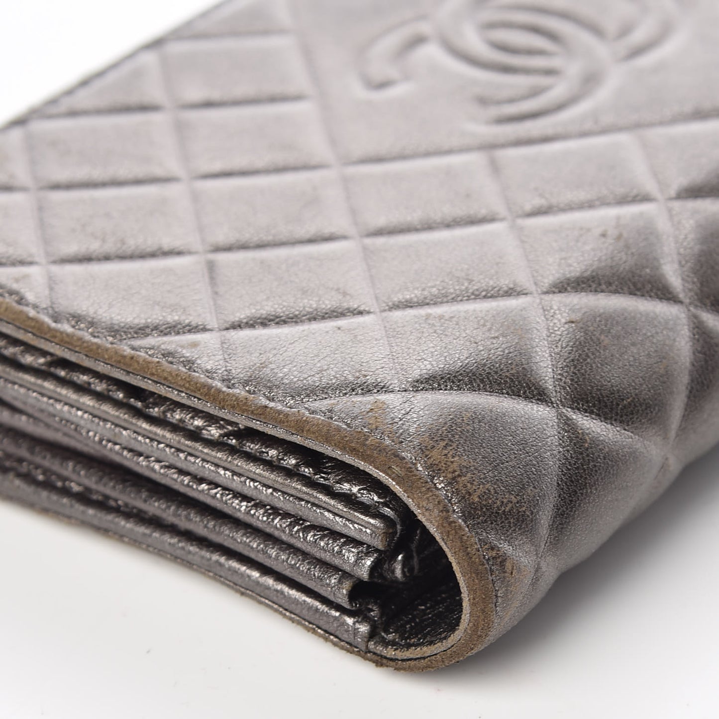 Calfskin Quilted Large Diamond CC Flap Wallet Dark Silver