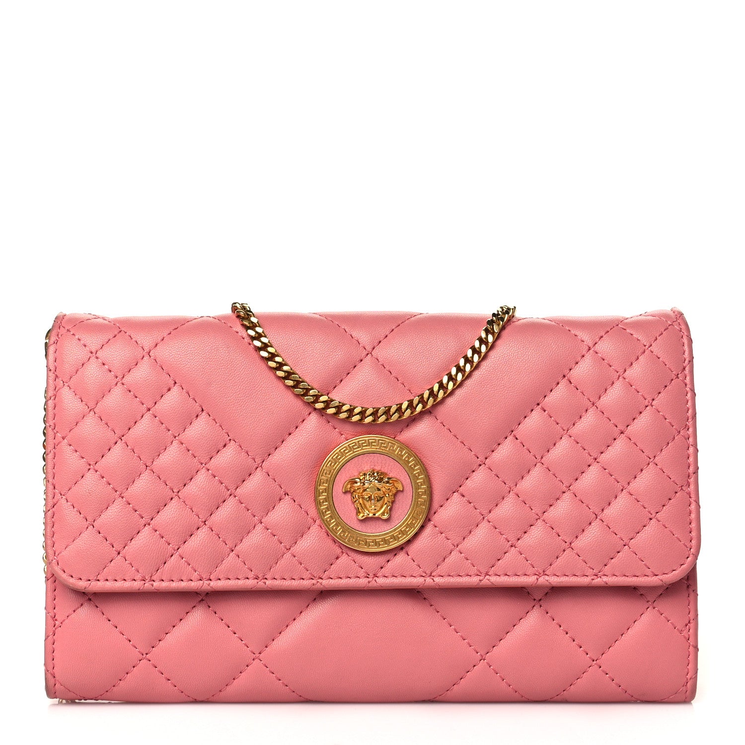 Versace Calfskin Icon Quilted Wallet On Chain Crossbody Pink 1 of 11