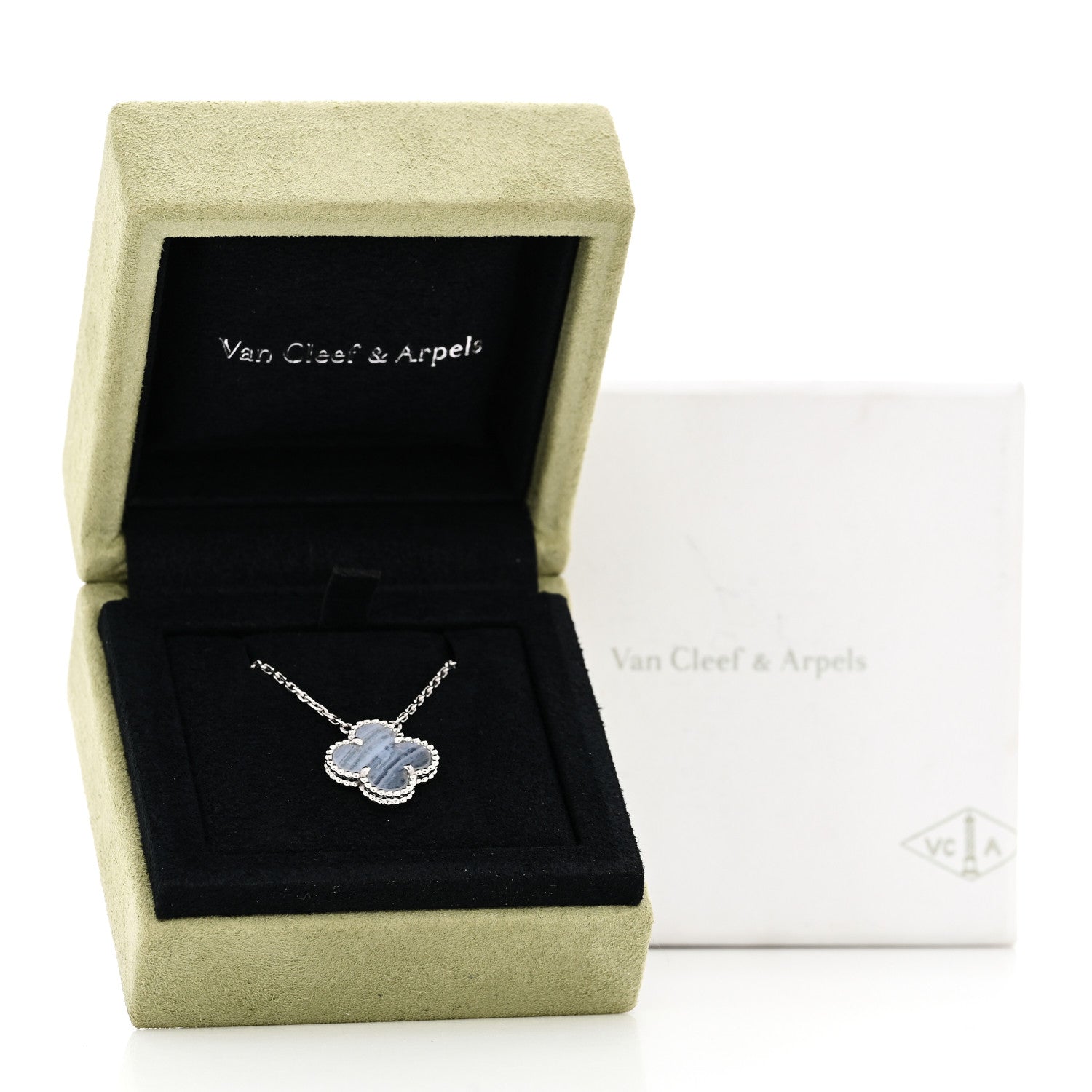 Van Cleef & Arpels 18k White Gold Chalcedony Vintage Alhambra Pendant Necklace 6 of 6