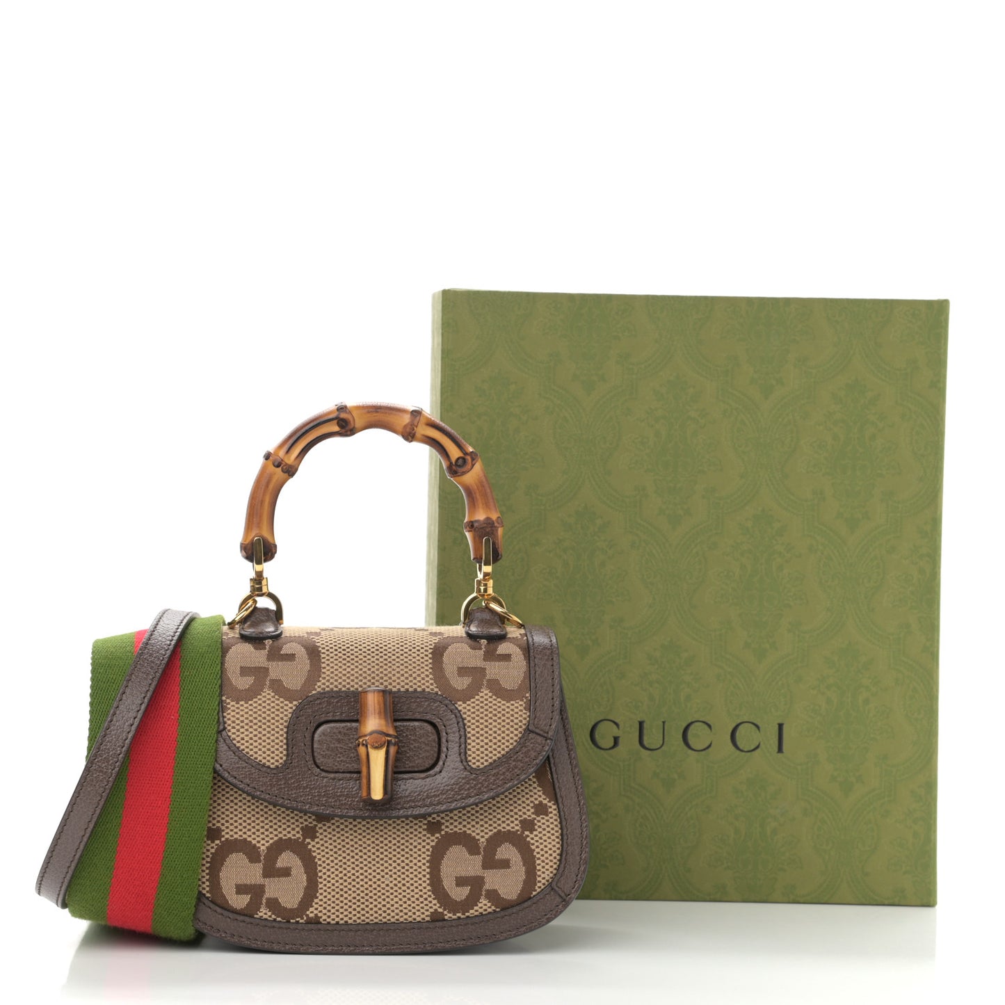 Monogram Jumbo GG Textured Dollar Calfskin Web Mini Bamboo 1947 Top Handle Bag Camel Ebony New Acero