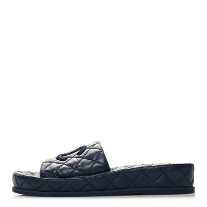 Chanel Lambskin Quilted CC Mules Sandals 37 Navy 1 of 8