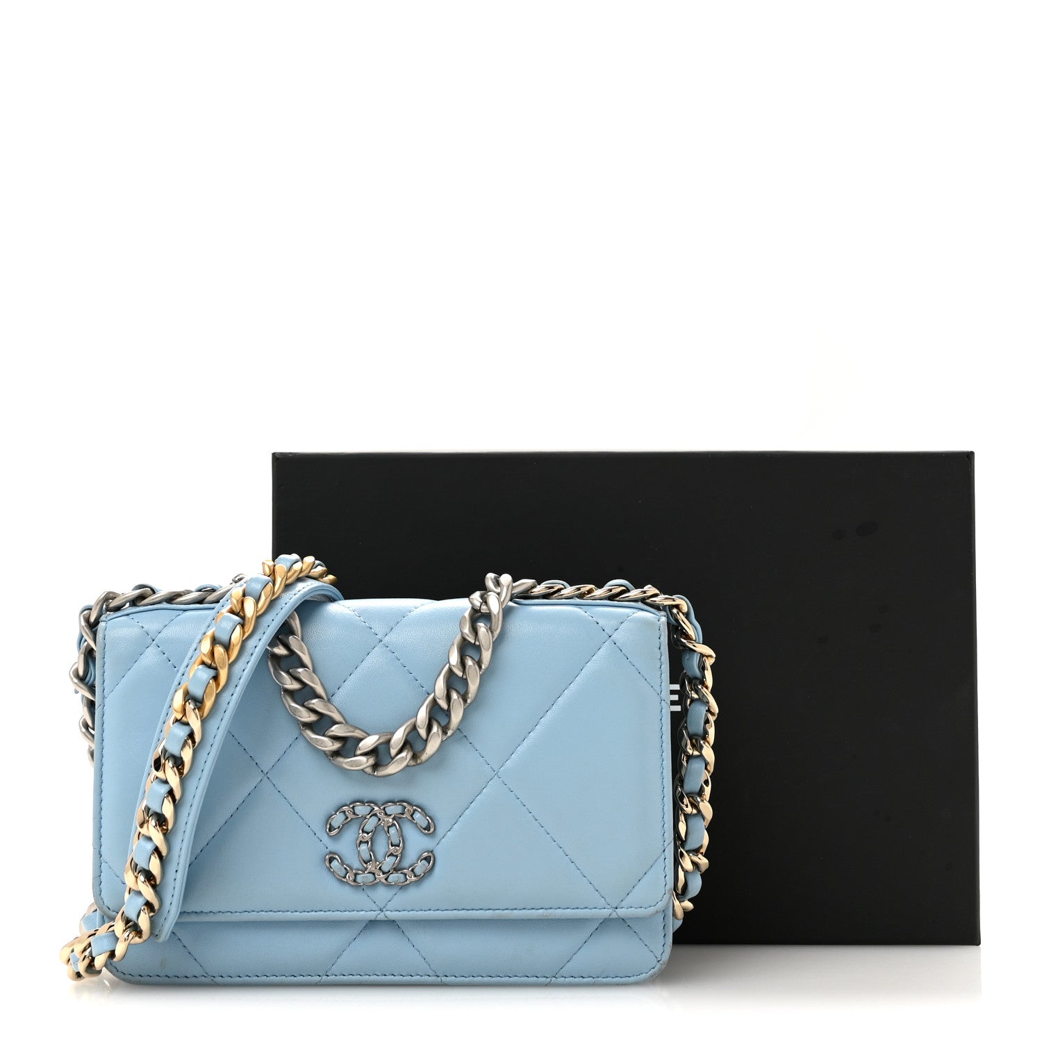 Chanel Lambskin Quilted Chanel 19 Wallet On Chain WOC Light Blue 15 of 15