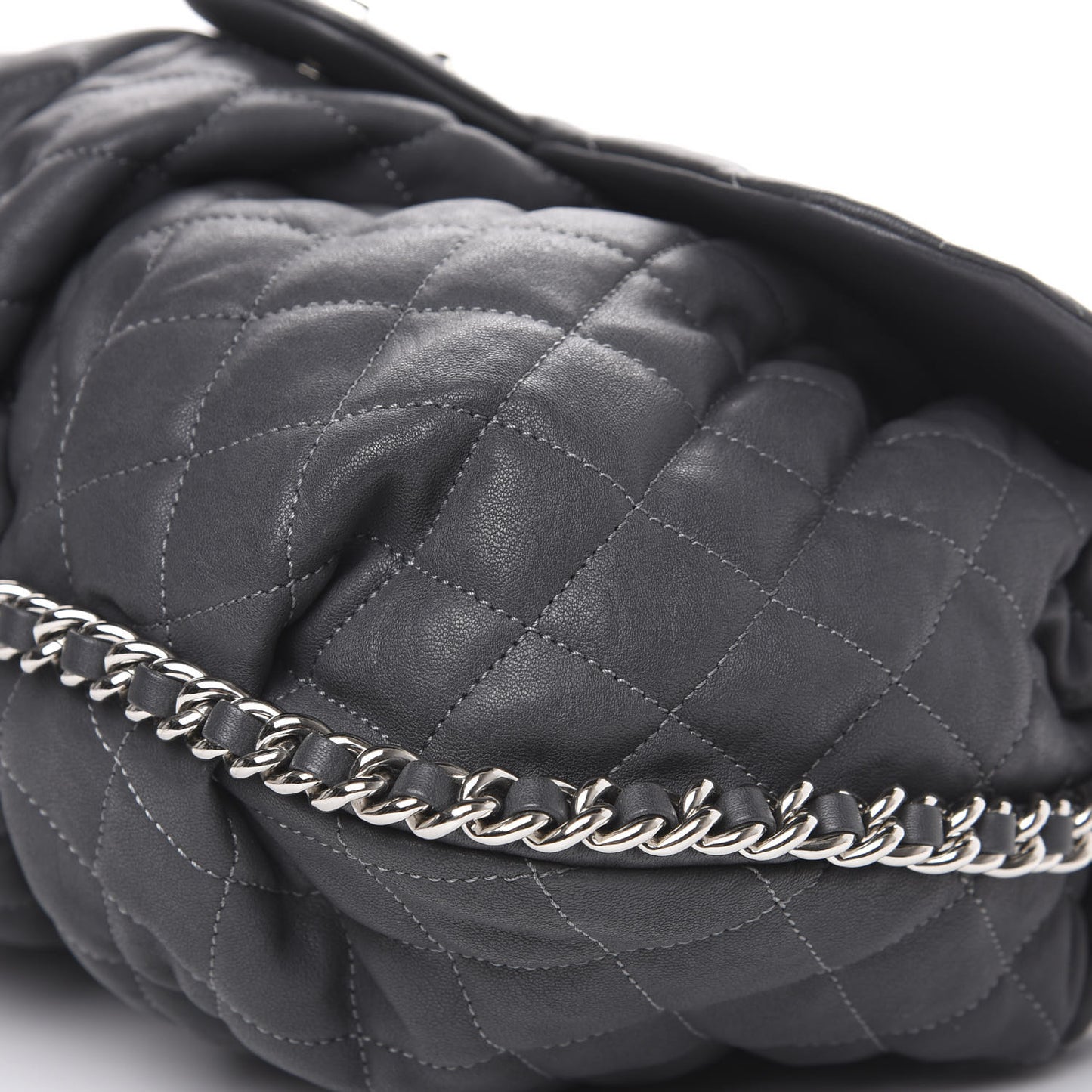 Crumpled Lambskin Quilted Medium Chain Around Flap Dark Grey