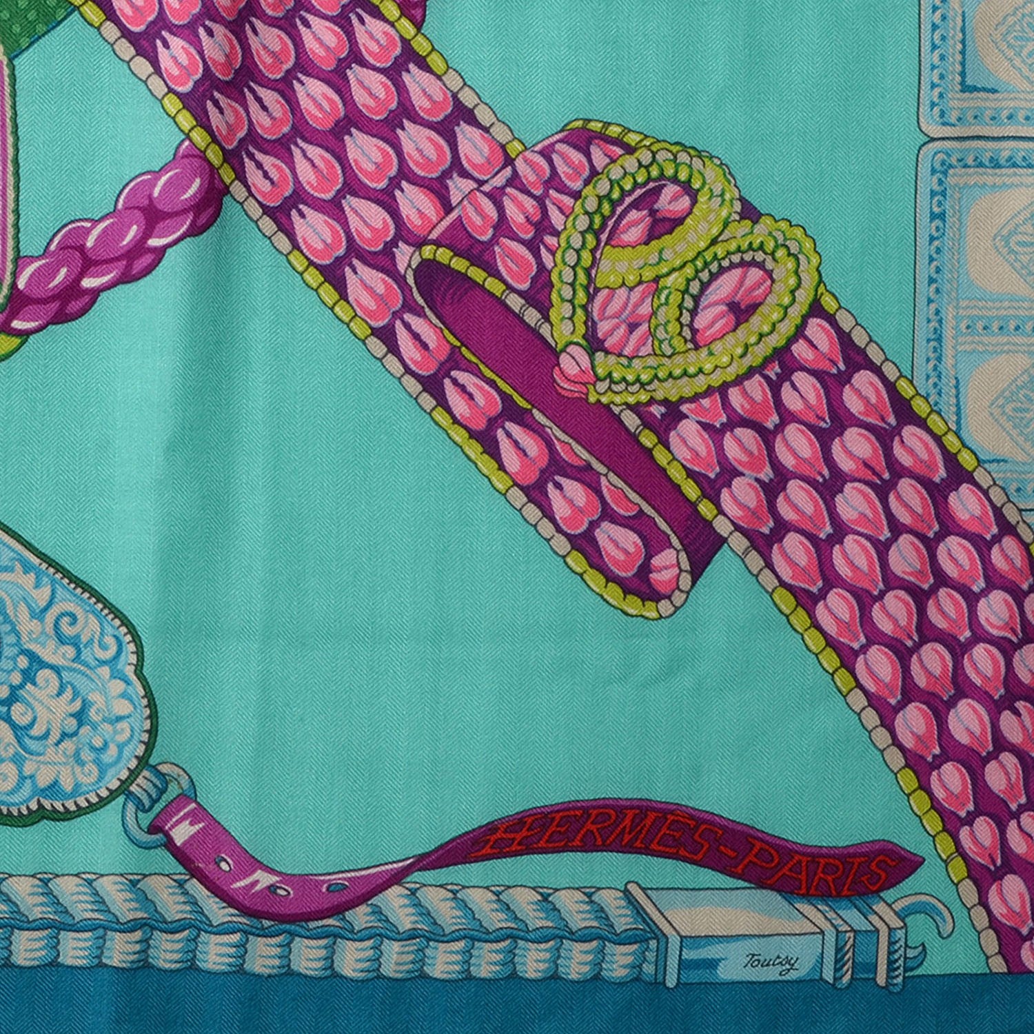 Hermes Cashmere Silk Ceintures et Liens Shawl 140 Aqua Violet Turquoise 3 of 5