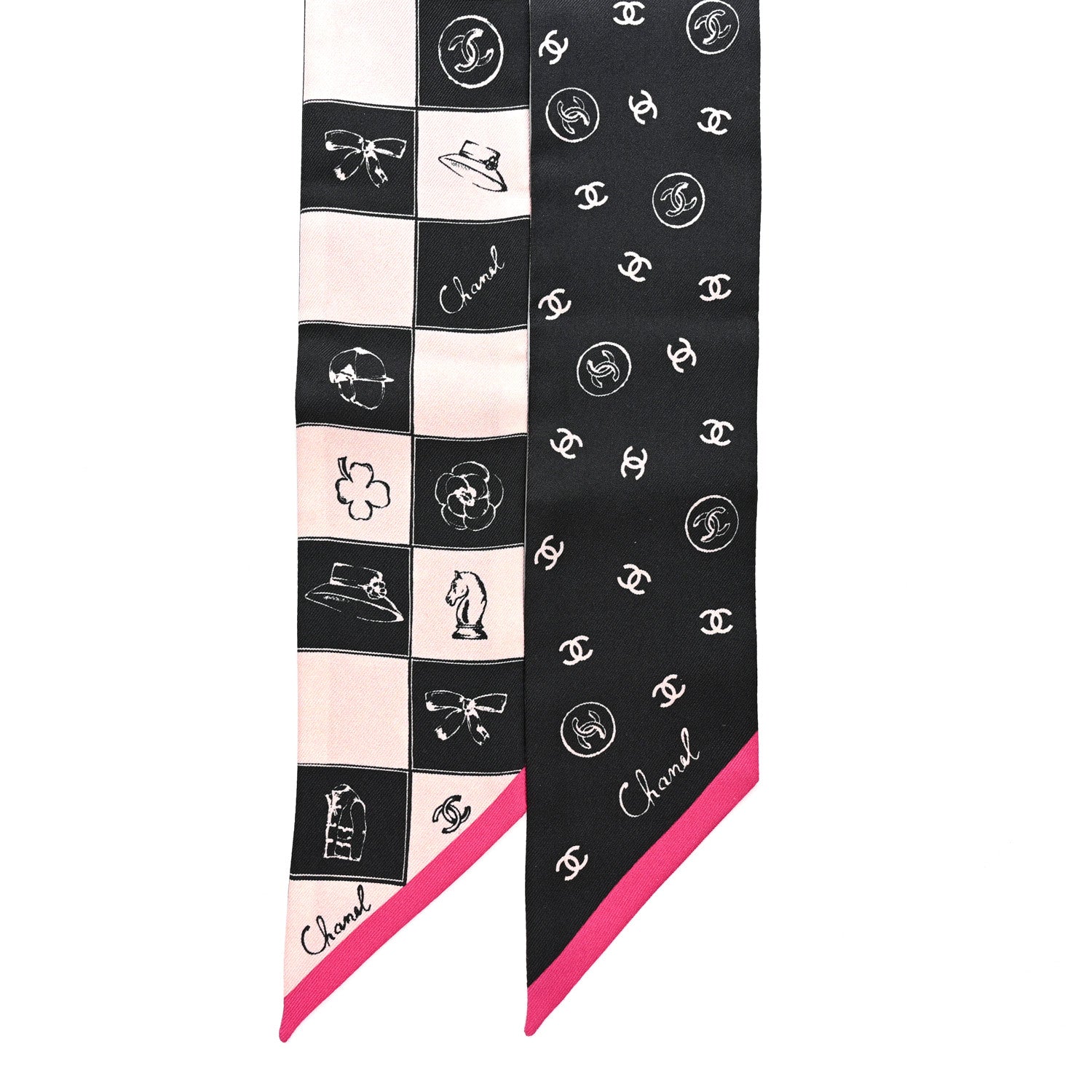 Chanel Silk Checkered Lucky Symbols CC Slim Bandeau Scarf Black Pink 2 of 3