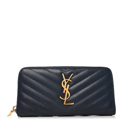Saint Laurent Grain De Poudre Matelasse Chevron Monogram Zip Around Wallet Deep Marine 1 of 7
