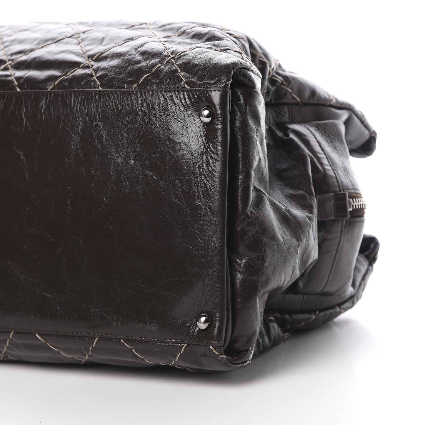 Glazed Goatskin Double Contrast Stitch Large Tote Brown