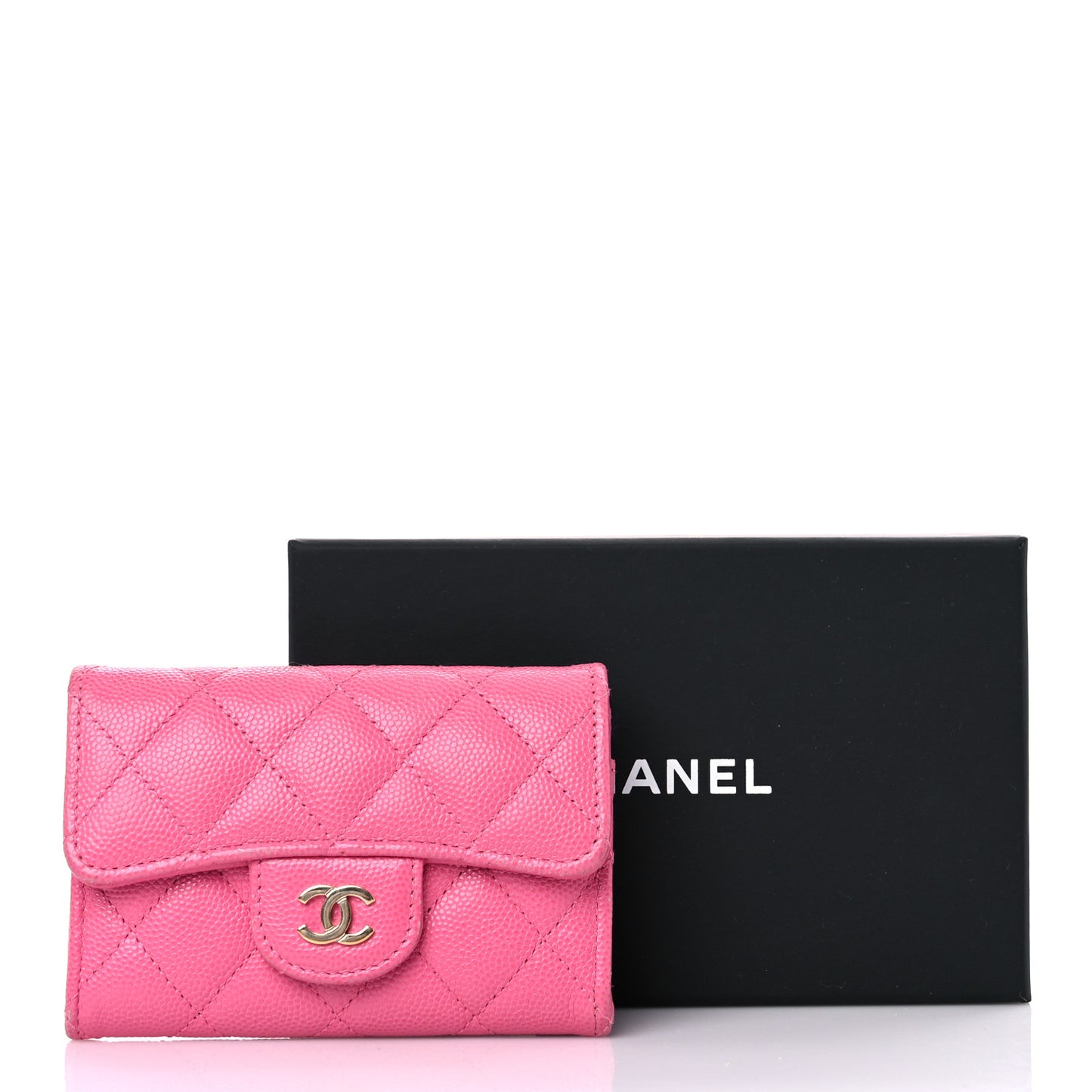 Caviar Quilted Flap Card Holder Wallet Pink