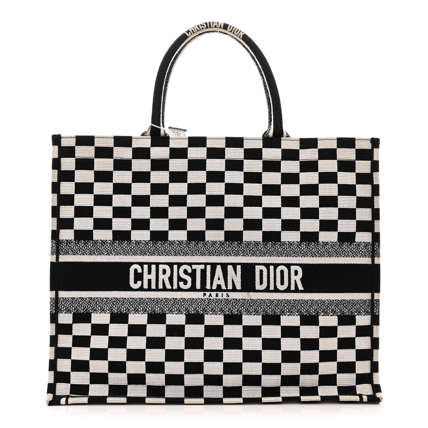 Canvas Embroidered Checkered Book Tote Black White