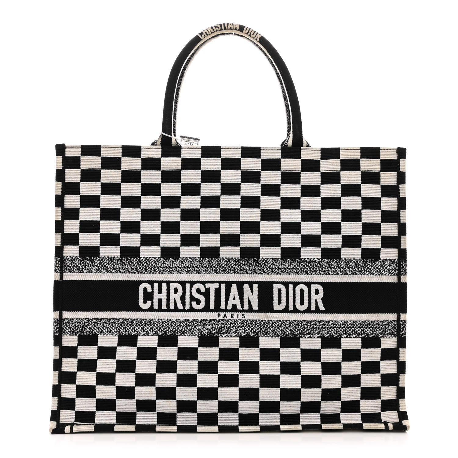 Christian Dior Canvas Embroidered Checkered Book Tote Black White 1 of 10
