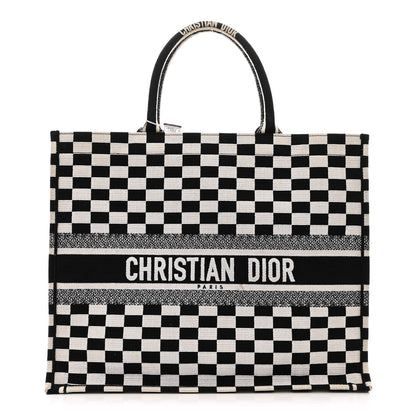 Christian Dior Canvas Embroidered Checkered Book Tote Black White 1 of 10