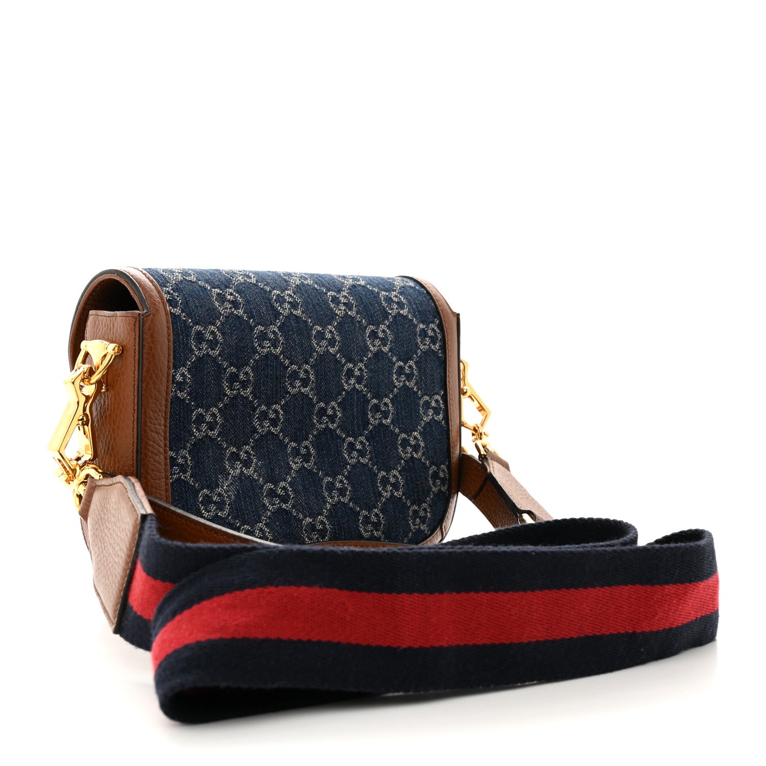 Gucci New Denim GG Monogram Dollar Calfskin Web Mini Horsebit 1955 Shoulder Bag Blue Tea Cuir Epilog 3 of 12