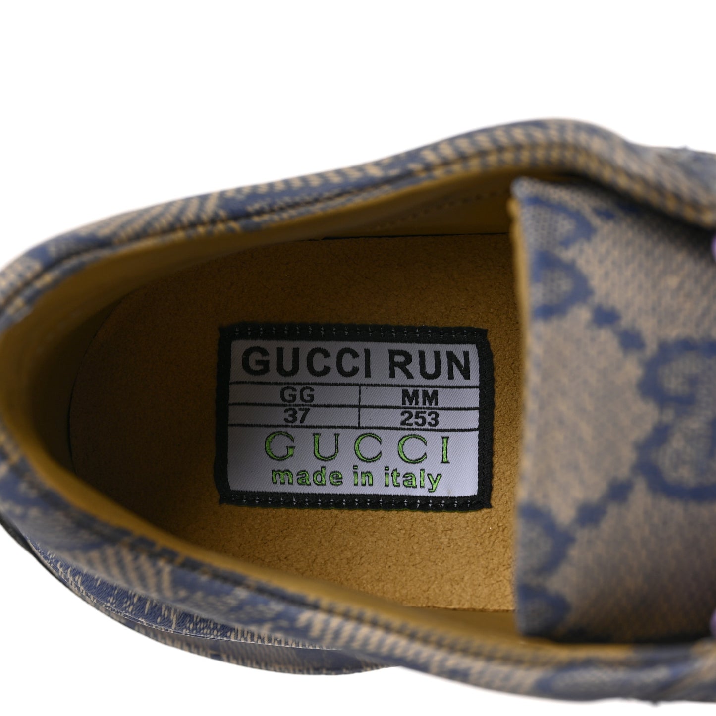 Ultralight Plume Calfskin Monogram Printed Womens Gucci Run Sneakers 37 Beige Blue