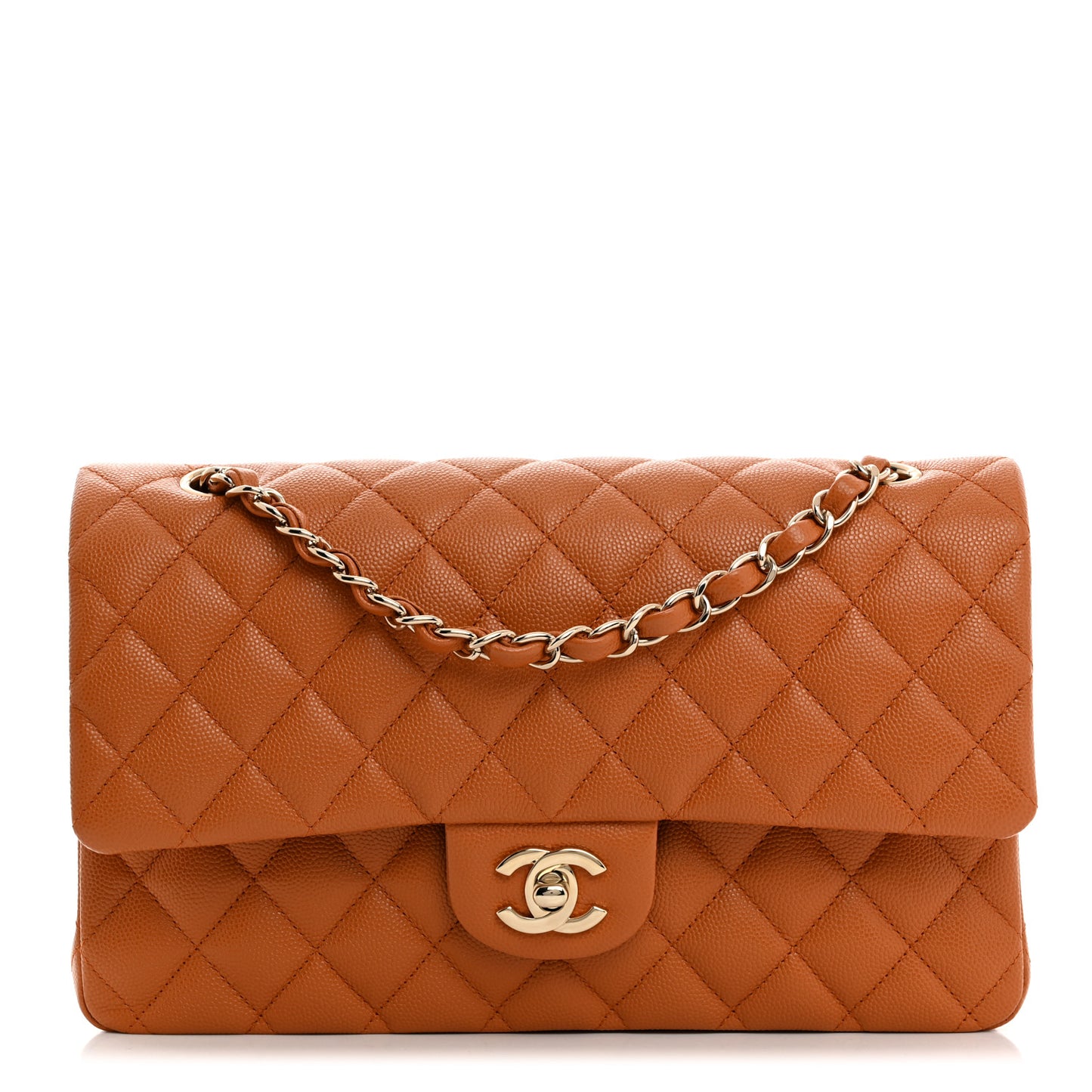 Caviar Quilted Medium Double Flap Light Brown
