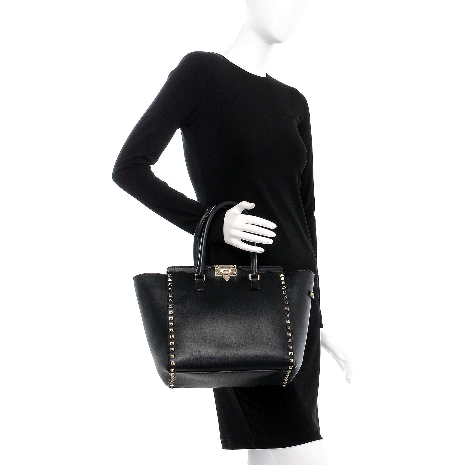 Valentino Garavani Vitello Rockstud Double Handle Tote Black 3 of 10
