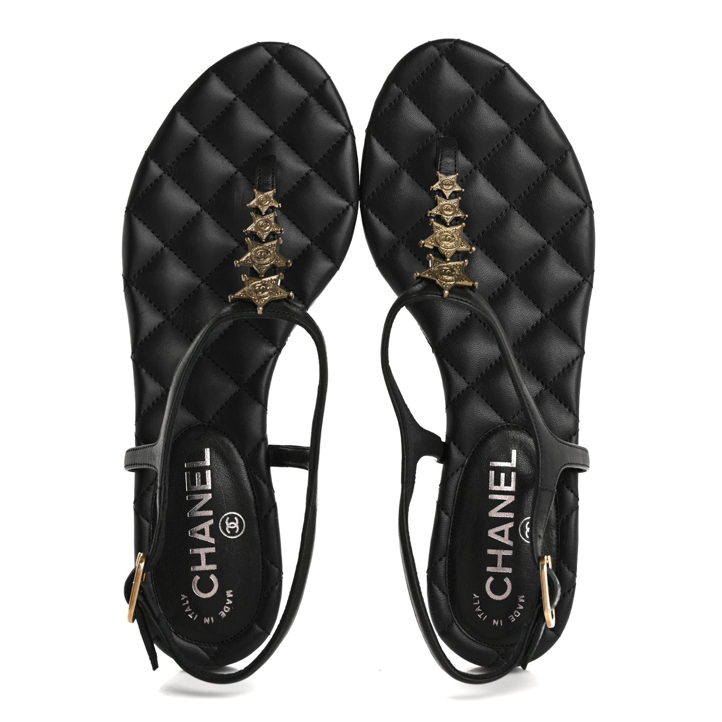 Calfskin Paris Dallas Quilted Star CC Thong Sandals 37 Black