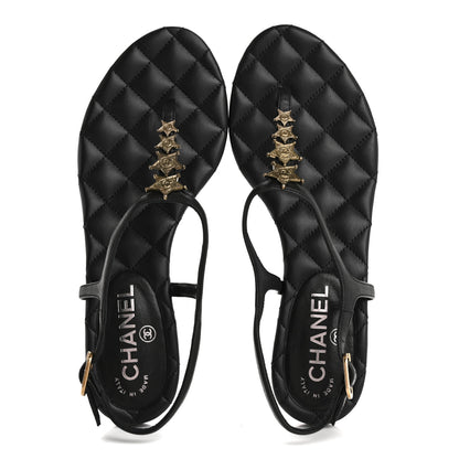 Chanel Calfskin Paris Dallas Quilted Star CC Thong Sandals 37 Black 2 of 10
