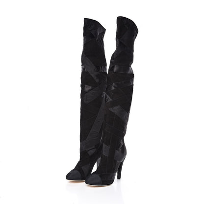 Chanel Suede Grosgrain Patchwork Over The Knee Boots 41 Black 3 of 7