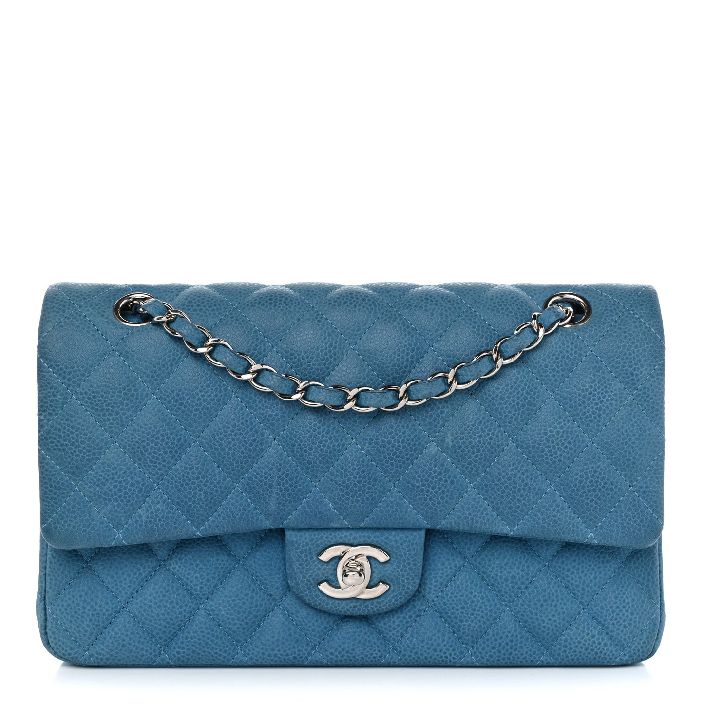 Iridescent Caviar Quilted Medium Double Flap Turquoise