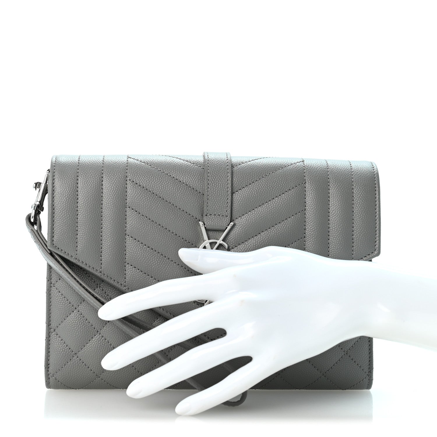 Saint Laurent Grain De Poudre Textured Mixed Matelasse Triquilt Monogram Clutch New Stone Grey 2 of 13