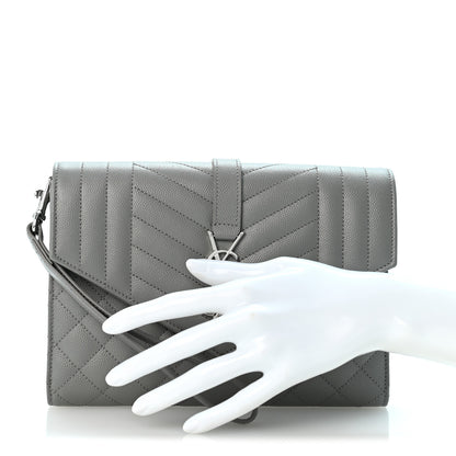 Saint Laurent Grain De Poudre Textured Mixed Matelasse Triquilt Monogram Clutch New Stone Grey 2 of 13
