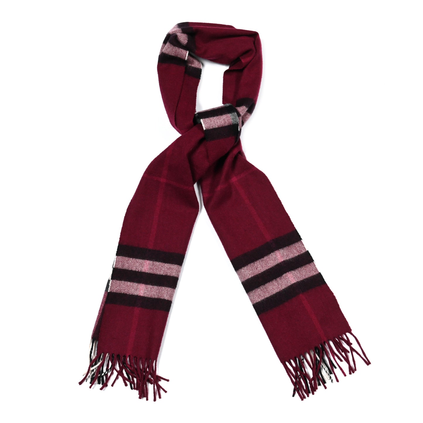 Cashmere Giant Check Icon Stripe Fringe Scarf Claret