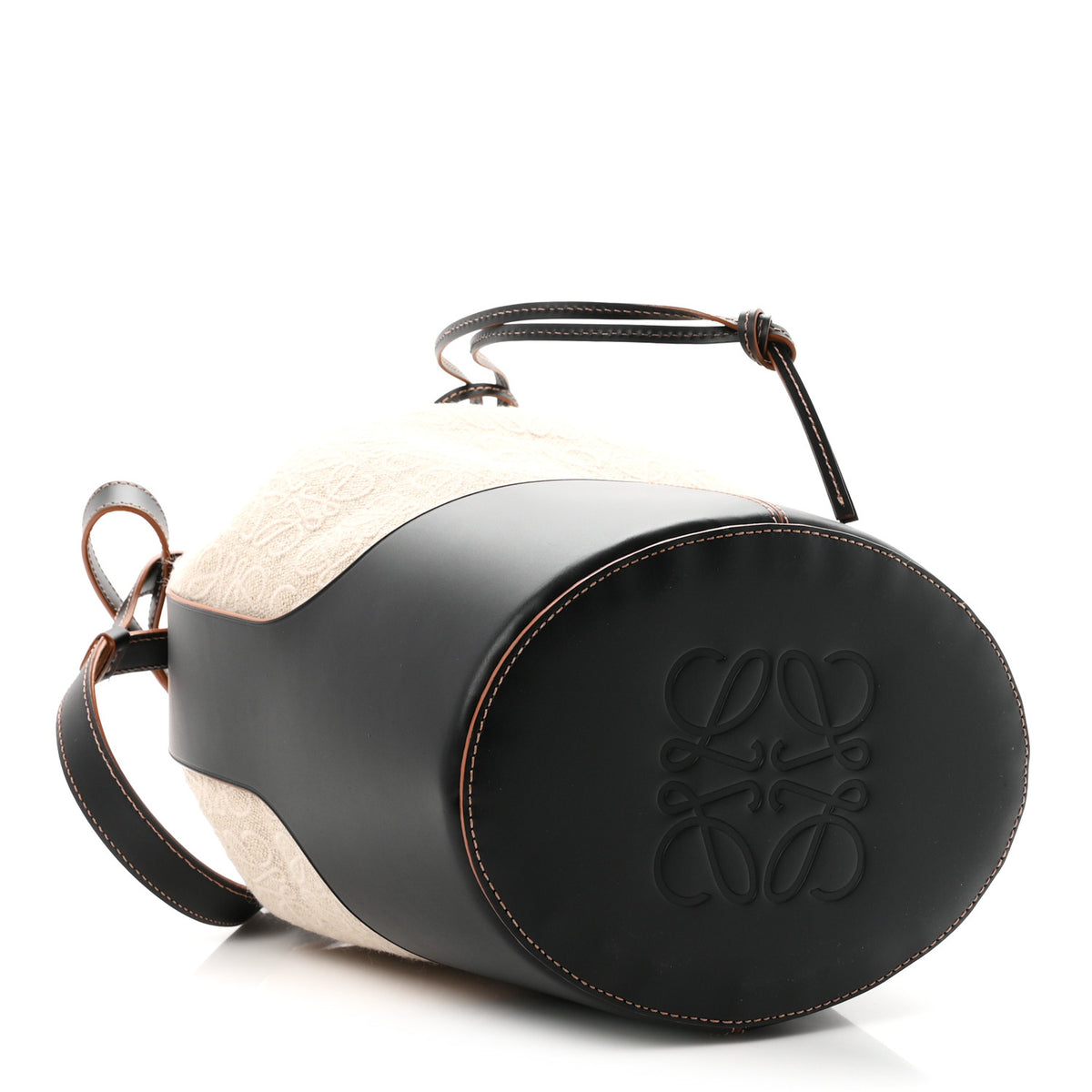 Calfskin Jacquard Linen Anagram Embroidered Balloon Bucket Bag Natural Black