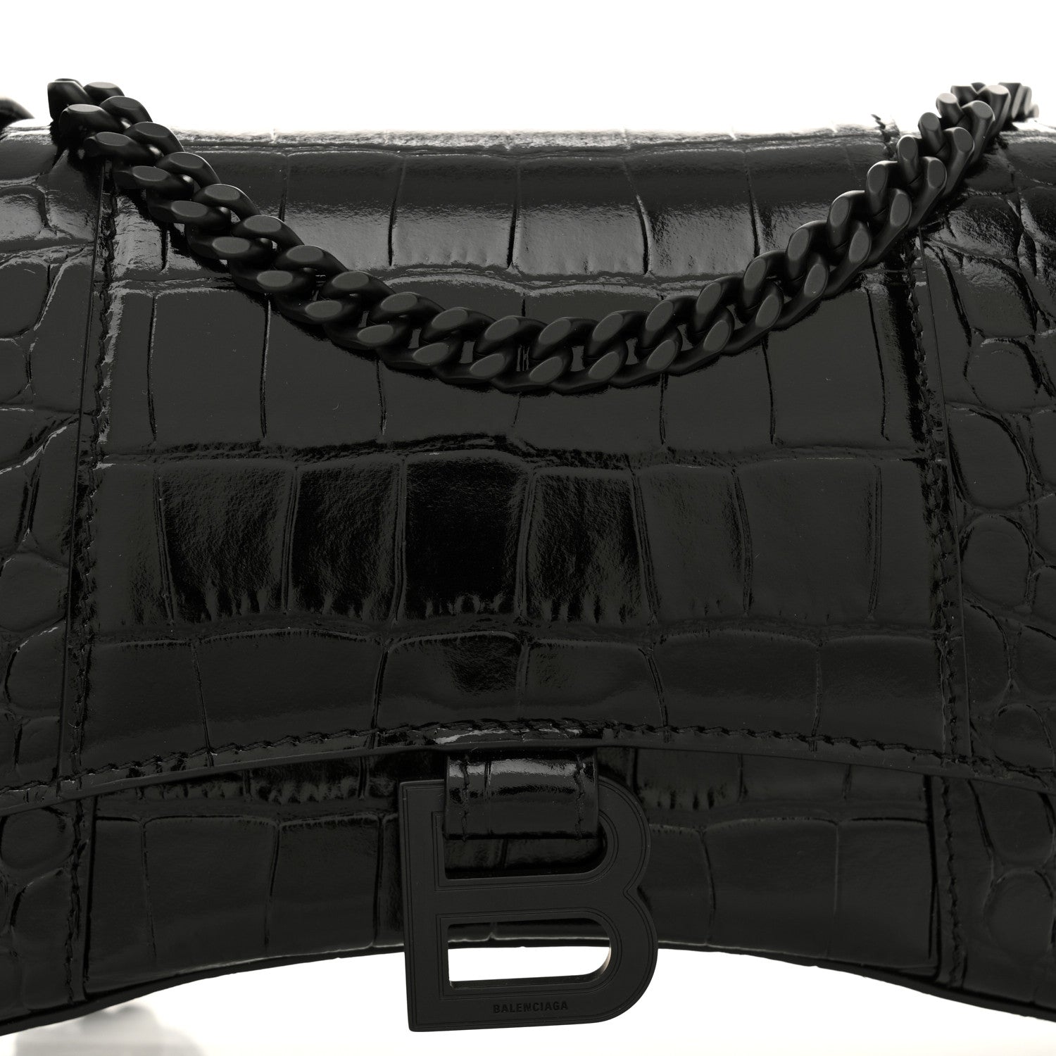 Balenciaga Shiny Calfskin Monochrome Crocodile Embossed Hourglass Chain Bag Black 7 of 9